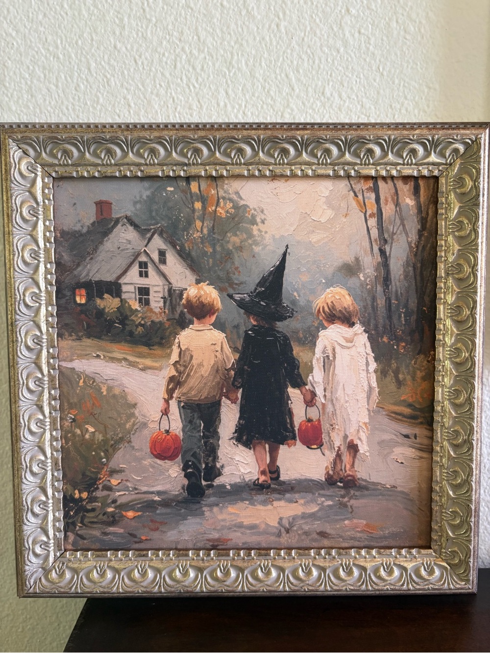 Vintage Halloween Children Framed Canvas Art - Neutral Tones